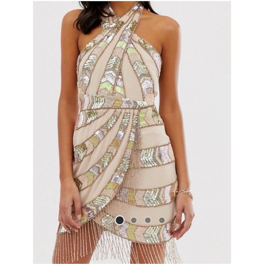 Asos Design Mini Dress Wrap Neck And Geo-Tribal Embellishment Fringe Size 8